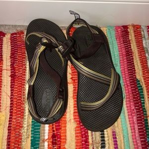 Brown and green chacos - no toe strap